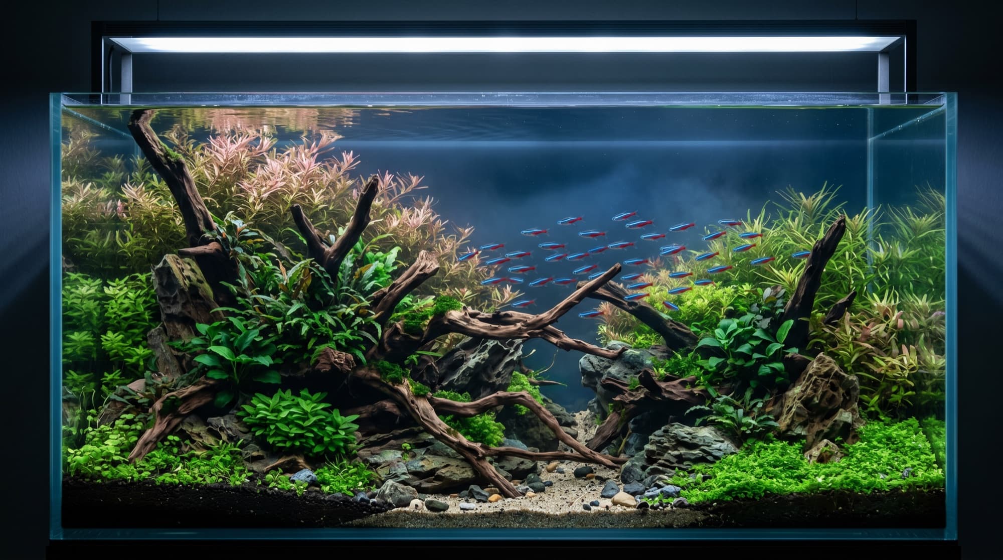 Aquário plantado com hardscape e plantas aquáticas